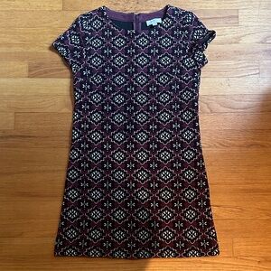 LOFT Patterned Jacquard Print Dress in Burgundy, Black, and White
